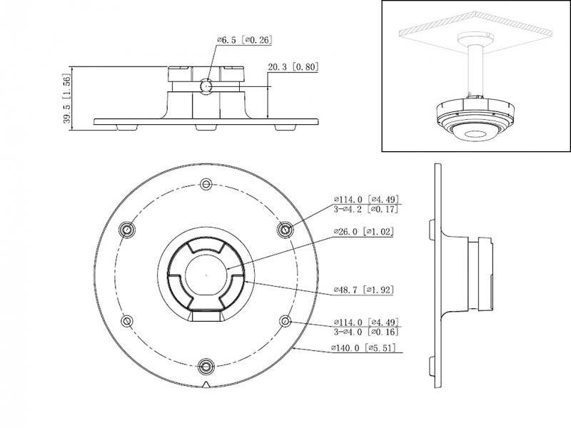 Technische Zeichnung einer deckenmontierten kreisförmigen Vorrichtung mit Draufsicht, Vorderansicht und Seitenansicht, showing Abmessungen und Montagelochpositionen.