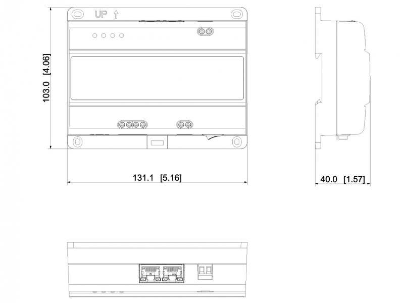 Technische Strichzeichnung eines elektronischen Geräts mit Vorder-, Seiten- und Rückansicht, die Abmessungen von 131,1 x 103,0 x 40,0 mm zeigt.