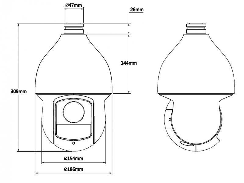 Technische Zeichnung mit Vorder- und Seitenansicht einer kuppelförmigen Leuchte. Abmessungen umfassen eine Höhe von 144 mm und einen Durchmesser von 186 mm.