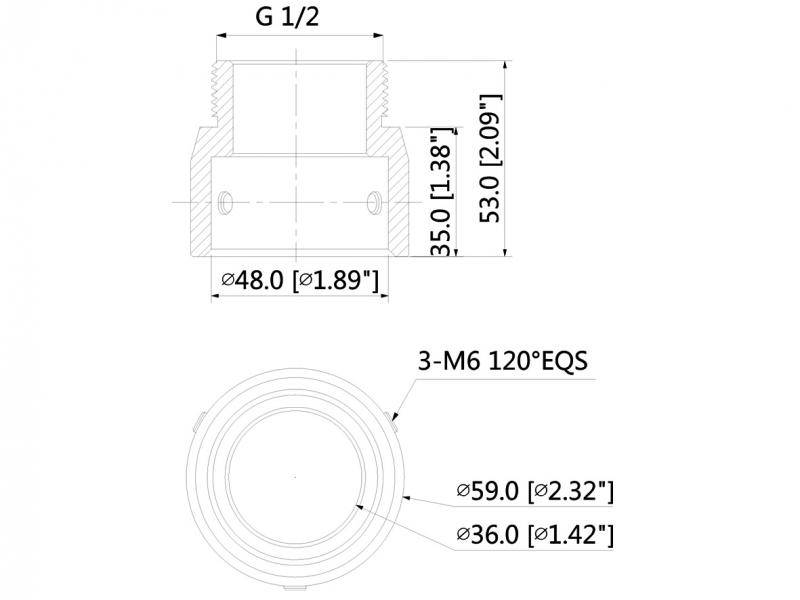 Technische Zeichnung einer zylindrischen Verschraubung: G 1/2 Gewinde, 53,0 mm Höhe, 48,0 mm Durchmesser, mit 3 M6 Bohrungen im 120°-Winkel auf einem 59,0 mm äußeren und 36,0 mm inneren Kreis.
