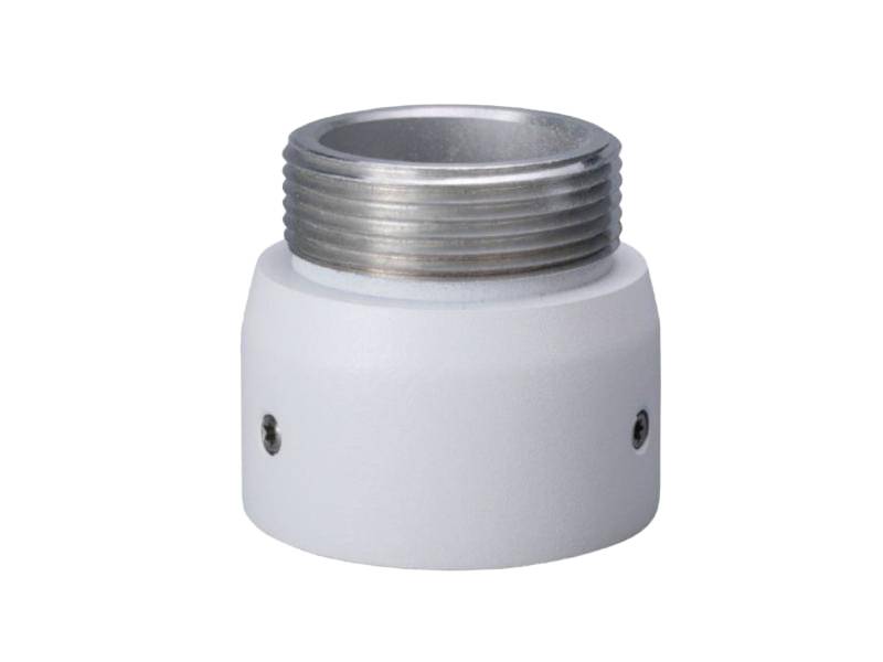 Weißes zylindrisches Metallrohrfitting mit Innengewinde oben, vor schwarzem Hintergrund dargestellt.