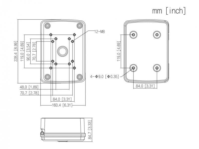 Technische Zeichnung einer rechteckigen Gerätehalterung mit Vorder- und Seitenansichten, Abmessungen in mm und Zoll, Lochpositionen und 12-M8- sowie 4-φ9,0-Befestigungspunkte.