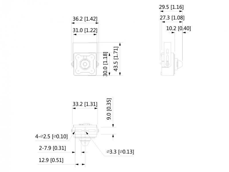 Technische Zeichnung einer Kamera mit Abmessungen und Maßen in Millimetern und Zoll, dargestellt in drei verschiedenen Ansichten.