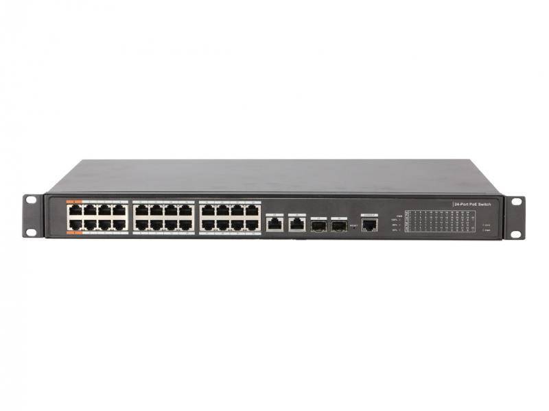 L-SW-24360,  24-fach PoE Switch  unterstützt PoE, PoE+, Hi-PoE und 802.3bt  jeweils 2 Uplink-Ports (Ethernet, SFP),