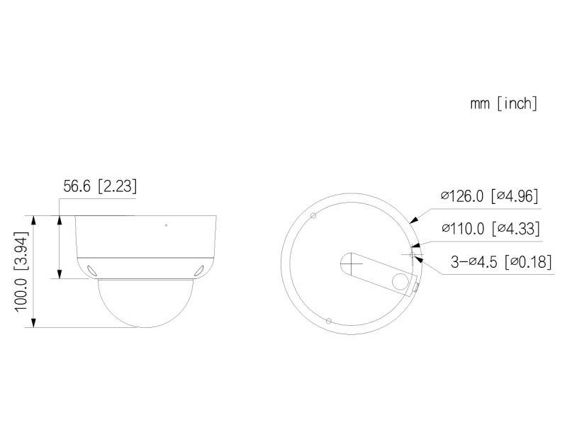Technische Zeichnung eines kuppelförmigen Objekts, Seiten- und Draufsicht mit Maßangaben: Breite 126,0 mm, Höhe 66,6 mm und Lochdurchmesser 4,5 mm.