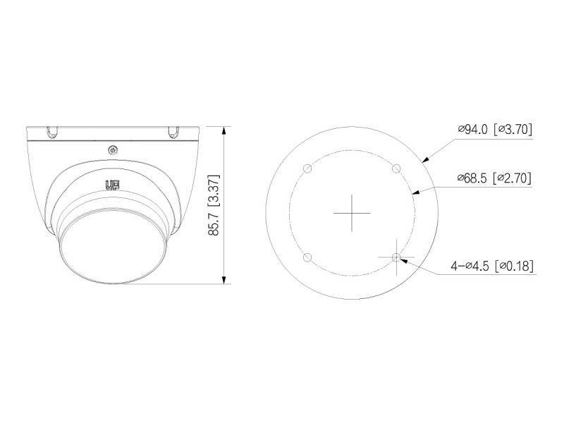 Technische Zeichnung einer Domekamera mit Maßen: Durchmesser 94 mm, Höhe 85,7 mm. Enthält Seiten- und Draufsicht mit Befestigungspunkten.
