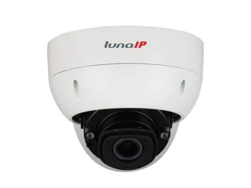 Eine weiße Sicherheitskamera mit der Bezeichnung 'lunaIP', mit einer Kuppelform und einer schwarzen Linse, die für Überwachungs- und Beobachtungszwecke konzipiert ist.