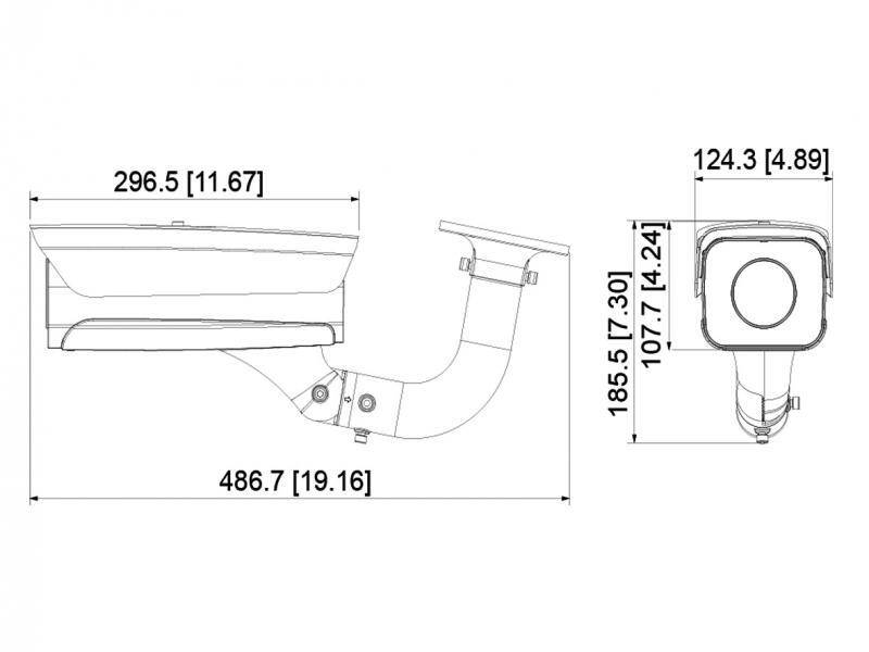Technische Zeichnung einer Sicherheitskamera mit beschrifteten Abmessungen. Gesamtlänge: 486,7 mm (19,16 Zoll); Höhe: 185,5 mm (7,3 Zoll).