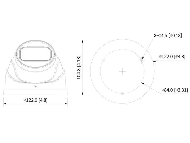 Konstruktionszeichnung einer Kamerahalterung mit Abmessungen: Breite 122 mm (4,8 Zoll), Höhe 104,8 mm (4,13 Zoll).