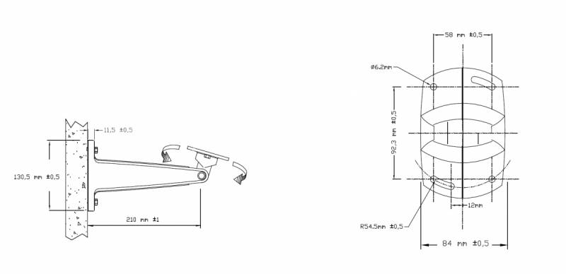 Technische Ingenieurzeichnung einer wandmontierten Halterung, zeigt Seitenansicht und Vorderansicht mit Maßstabbeschriftungen und Messungen.