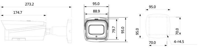 Technische Zeichnung eines quadratförmigen Geräts mit Abmessungen: Breite 95,0, Länge 88,9 und Höhe 95,0. Zentraler rechteckiger Ausschnitt ist mit 79,7 beschriftet.