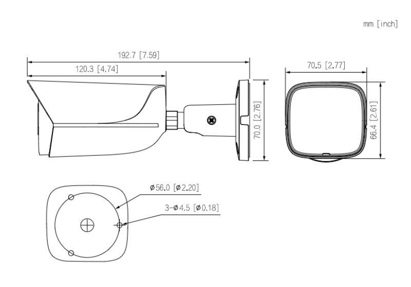 Technische Zeichnung einer Sicherheitskamera mit Abmessungen: 192,7 mm Länge, 70,5 mm Höhe, mit Seiten- und Frontansicht sowie Montageanschlüssen.