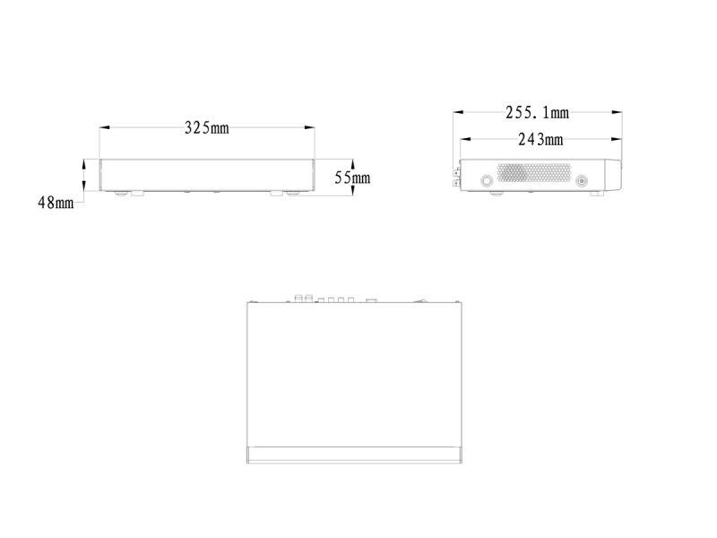 Schematische Darstellung eines rechteckigen Geräts mit folgenden Abmessungen: 325 mm Breite, 55 mm Höhe, 255,1 mm Tiefe und 243 mm untere Breite.