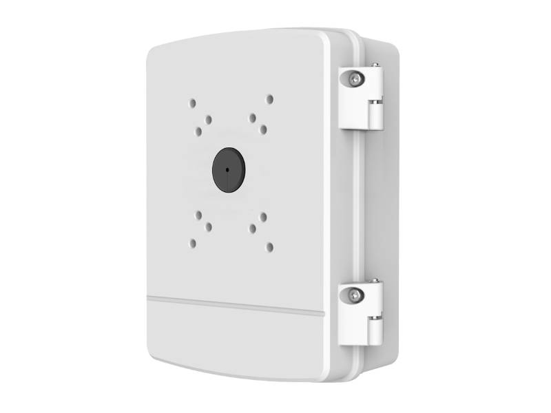 Weiße wandmontierte elektronische Schaltschrank mit klappbaren Seitenbügeln und perforiertem Frontpanel auf schwarzem Hintergrund.