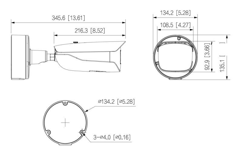 Technische Zeichnung einer Überwachungskamera mit Abmessungen: Länge 345,6 mm, Breite 134,2 mm und Höhe 108,5 mm. Kreisförmige Basis mit einem Durchmesser von 134,2 mm.
