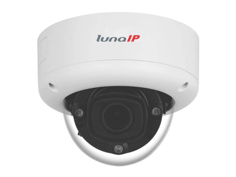 Eine weiße Kuppel-Sicherheitskamera mit dem Logo 'luna IP' ist an der Decke montiert und weist auf ein Überwachungssystem hin.