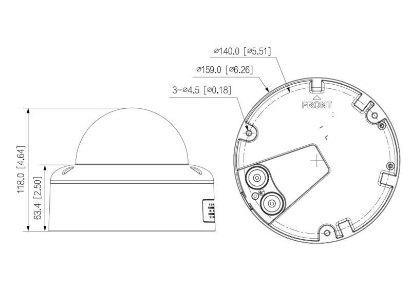 Technische Zeichnung einer Domekamera mit Abmessungen und Befestigungslochpositionen. Beinhaltet Durchmesser und Montagespezifikationen.