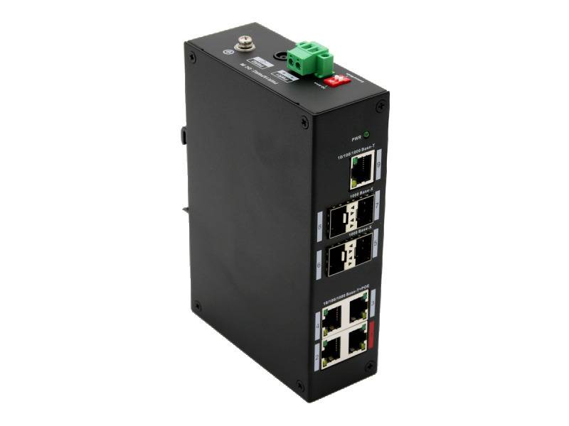 L-SW-04096,  9-fach Switch (4x PoE, 4x SFP-Port, 1x Upl.)  unterstützt PoE, PoE+, Hi-PoE  unterstützt SFP-Modul  Ho