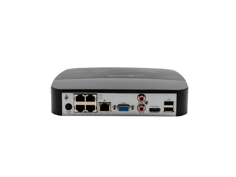 Ein Gerät mit mehreren Anschlüssen, darunter USB, HDMI, VGA und Ethernet, wird gezeigt, möglicherweise eine Netzwerk- oder Multimediaausrüstung.
