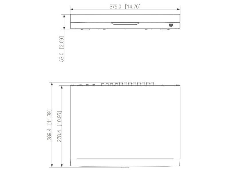 Technische Zeichnung eines Geräts, die Vorder- und Seitenansicht mit Abmessungen zeigt. Breite: 375,0 mm, Höhe: 53,0 mm und Tiefe: 289,4 mm.