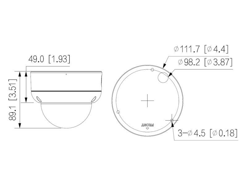Eine technische Zeichnung einer Domkamera mit Draufsicht und Seitenansicht, die Abmessungen zeigt: Höhe 49,0 mm, Durchmesser 111,7 mm, mit Befestigungslöchern.