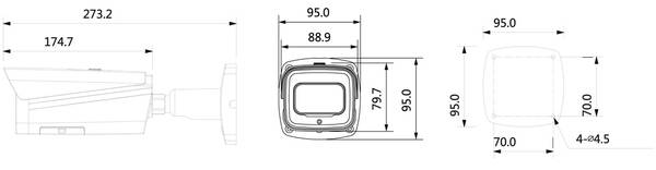 Technische Zeichnung zur Darstellung der Abmessungen eines rechteckigen Objekts. Breite beträgt 95,0 mm, Höhe 79,7 mm, mit einer weiteren Breite von 88,9 mm.