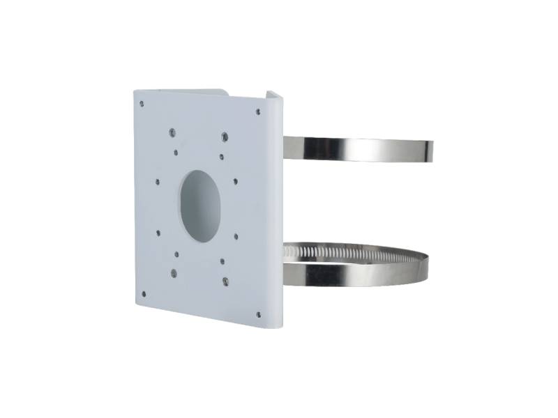 Weißes Metallmontageband mit ovaler Öffnung und zwei verstellbaren Metallbändern, die von der Seite abstehen, auf schwarzem Hintergrund.