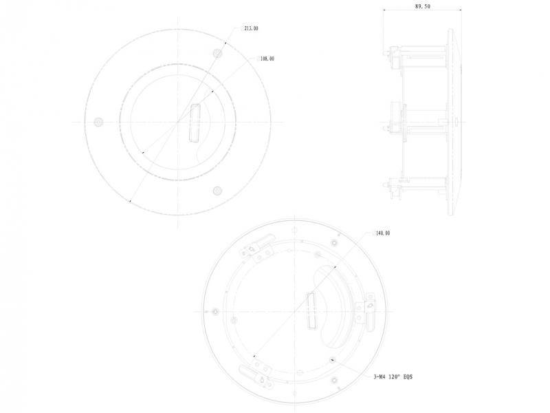 Technische Zeichnung eines kreisförmigen mechanischen Teils in Vorder-, Seiten- und Draufsicht mit Bemaßungslinien und Maßangaben.