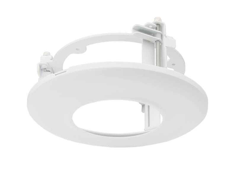 Weißer kreisförmiger Einbau-Lichttrimring mit verstellbaren Befestigungsclips, gezeigt auf schwarzem Hintergrund.