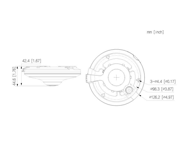 Technische Zeichnung eines kreisförmigen Objekts mit Seiten- und Draufsicht, die Maße in Millimetern und Zoll zeigt und Dimensionen detailliert darstellt.