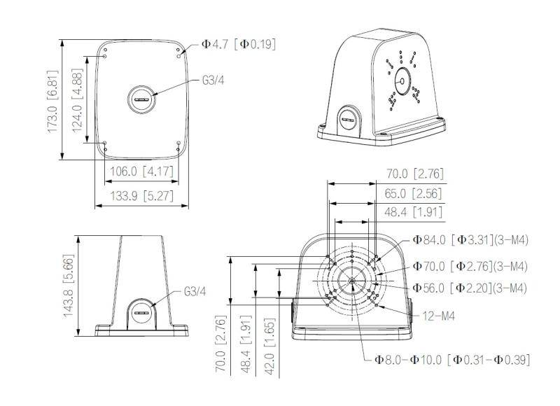 Technische Maßzeichnung einer kleinen Pumpen-/Befestigungsgehäuse in Vorder-, Seiten-, Draufsicht und Rückansicht mit metrischen und Zollmaßen sowie Befestigungsloch-Beschriftungen.
