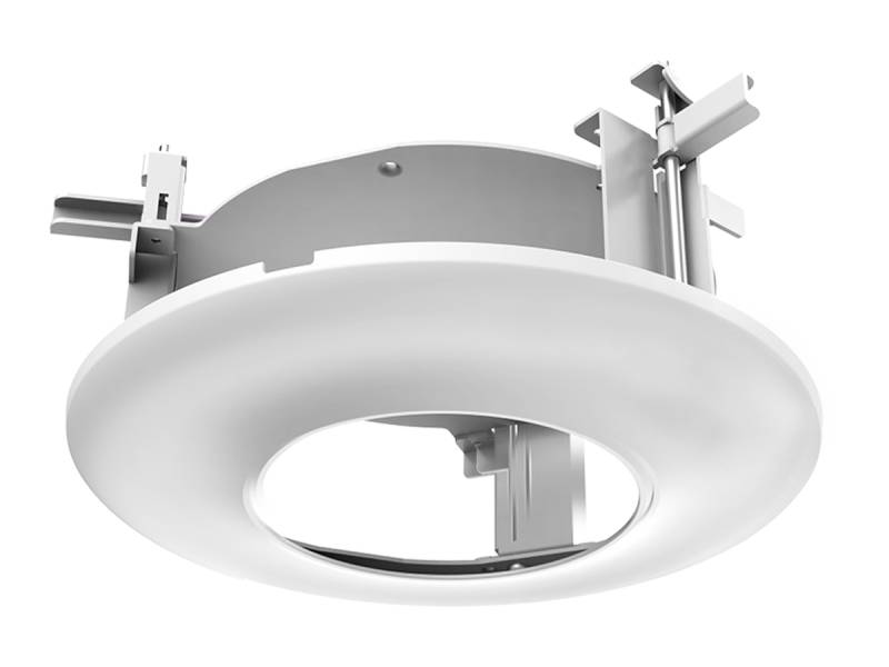 Weiße, eingebaute LED-Downlight-Leuchte, von unten fotografiert, mit sichtbarem Montagezubehör vor dunklem Hintergrund.