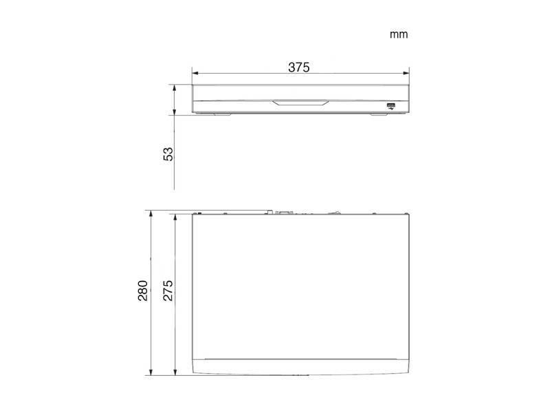 Technische Zeichnung eines rechteckigen Objekts mit Maßen: 375 mm Breite, 53 mm Höhe und 280 mm Tiefe.