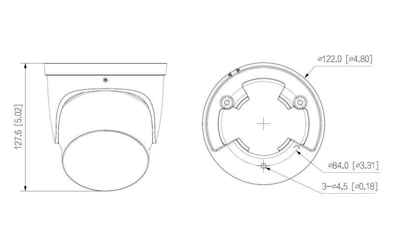 Technische Zeichnung einer Dome-Sicherheitskamera mit Montagebügel, Seiten- und Unteransicht mit detaillierten Maßangaben und Hilfslinien.