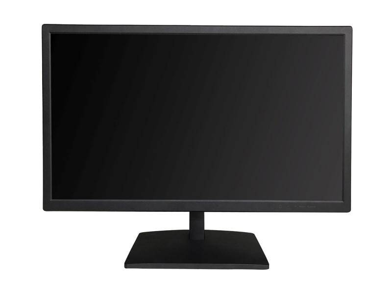 Ein schwarzer flacher Computermonitor auf einem Ständer, frontal vor einem weißen Hintergrund gezeigt.