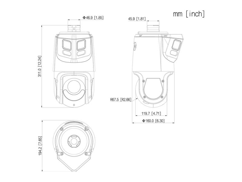Technische Zeichnung einer mechanischen Komponente dargestellt in Vorder-, Seiten- und Draufsicht mit Abmessungen in mm und Zoll.