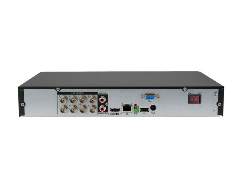 Rückansicht eines elektronischen Geräts mit verschiedenen Ein- und Ausgabeanschlüssen, einschließlich BNC-Video, VGA, Audio, HDMI und USB sowie einem Netzschalter.