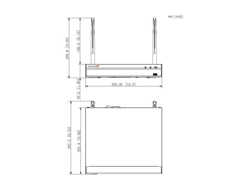 Technische Zeichnung eines Geräts mit Abmessungen: 250 mm (Breite), 203,8 mm (Höhe), mit zwei Antennen auf der Oberseite und Anschlüssen auf der Rückseite.
