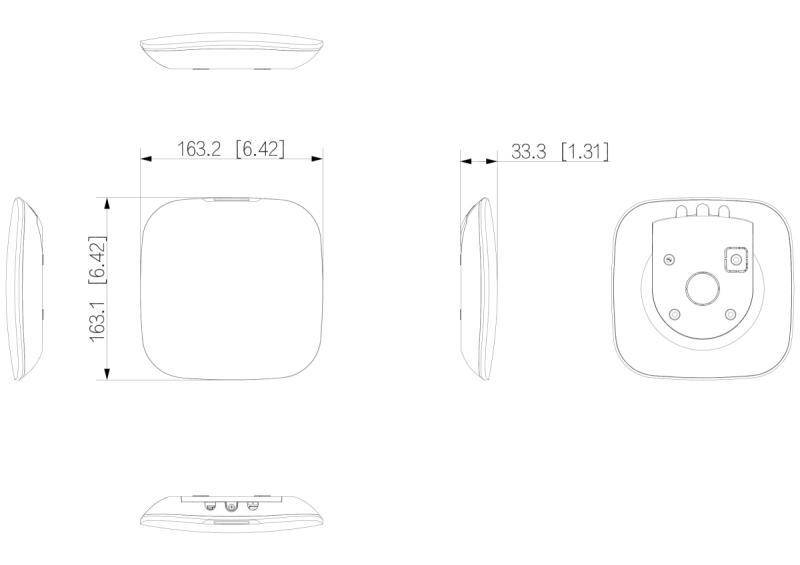 Technische Zeichnung eines quadratischen Geräts mit Seitenabmessungen. Abmessungen: 163,2 mm Breite, 33,3 mm Höhe. Seiten- und Draufsicht dargestellt.