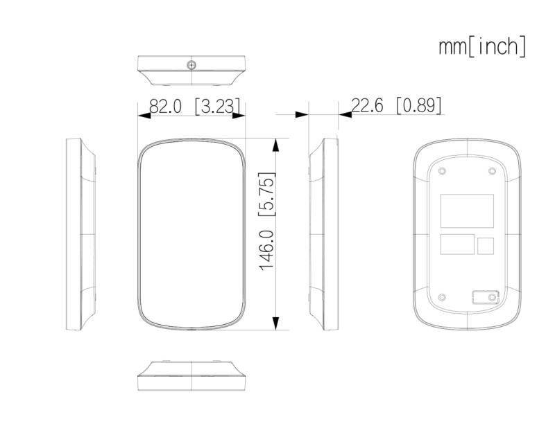 Eine technische Zeichnung eines rechteckigen Geräts aus verschiedenen Blickwinkeln, mit Abmessungen: Breite 82,0 mm, Höhe 146,0 mm, Tiefe 22,6 mm.