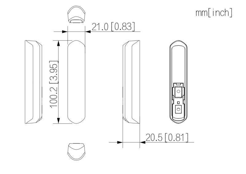 Technische Skizze eines Geräts mit vier Ansichten und Maßangaben: Höhe 100,2 mm, Breite 21,0 mm, Tiefe 20,5 mm.