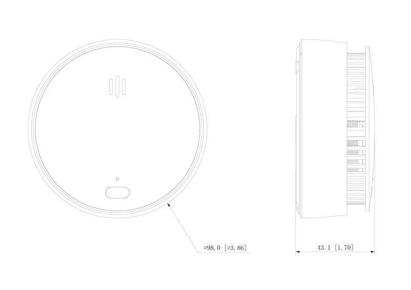 Technische Zeichnung eines kreisförmigen Geräts mit Abmessungen: 98,0 mm Durchmesser und 43,1 mm Höhe. Das Gerät verfügt über einen kleinen Schlitz und einen Knopf.