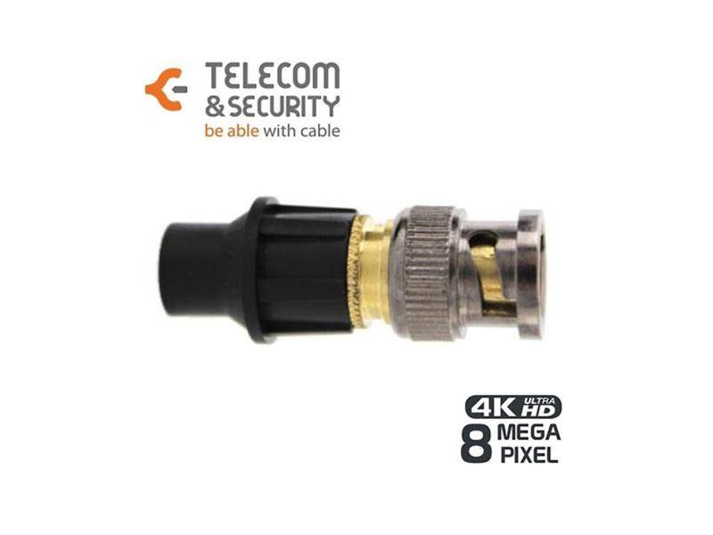 Telecom & Security Logo und ein F-Typ Koaxialkabelstecker, gekennzeichnet mit "4K Ultra HD"" und ""8 Mega Pixel"".