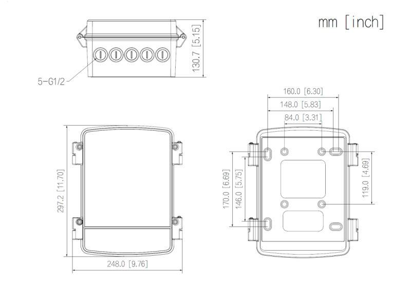 PFA6401S,  Anschlußbox  stabile Ausführung mit Scharnier  Kabeldurchführungen unten und hinten  Material: Aluminium