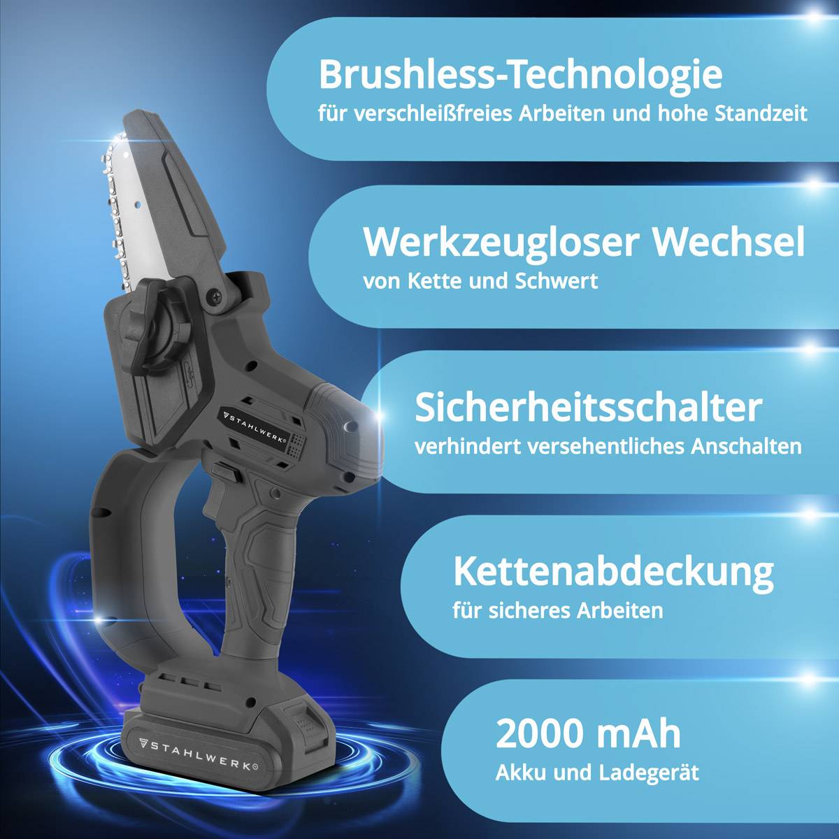 Eine akku-Kettensäge wird mit folgenden Merkmalen präsentiert: ‚Bürstenlose Technologie', ‚Werkzeuglose Kettenwechsel', ‚Sicherheitsschalter', ‚Kettenabdeckung', ‚2000-mAh-Akku'.