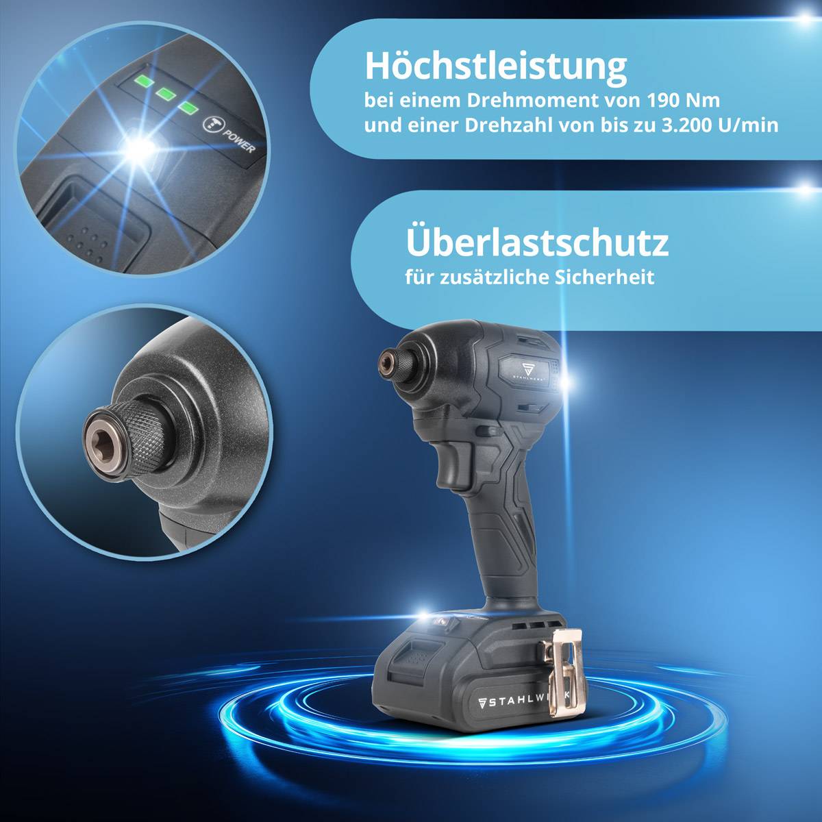 Ein Elektrowerkzeug mit Spezifikationen: 'Hohe Leistung mit einem Drehmoment von 190 Nm und Drehzahl bis zu 3.200 U/min', 'Überlastschutz für zusätzliche Sicherheit'.
