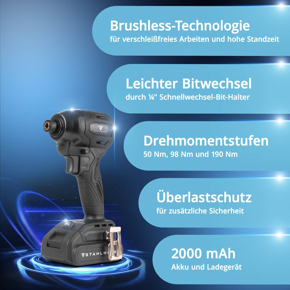 Kabelloser Schraubendreher mit bürstenloser Technologie für lange Lebensdauer, schnellem Bittwechsel, einstellbarem Drehmoment, Überlastschutz und 2000-mAh-Akku.