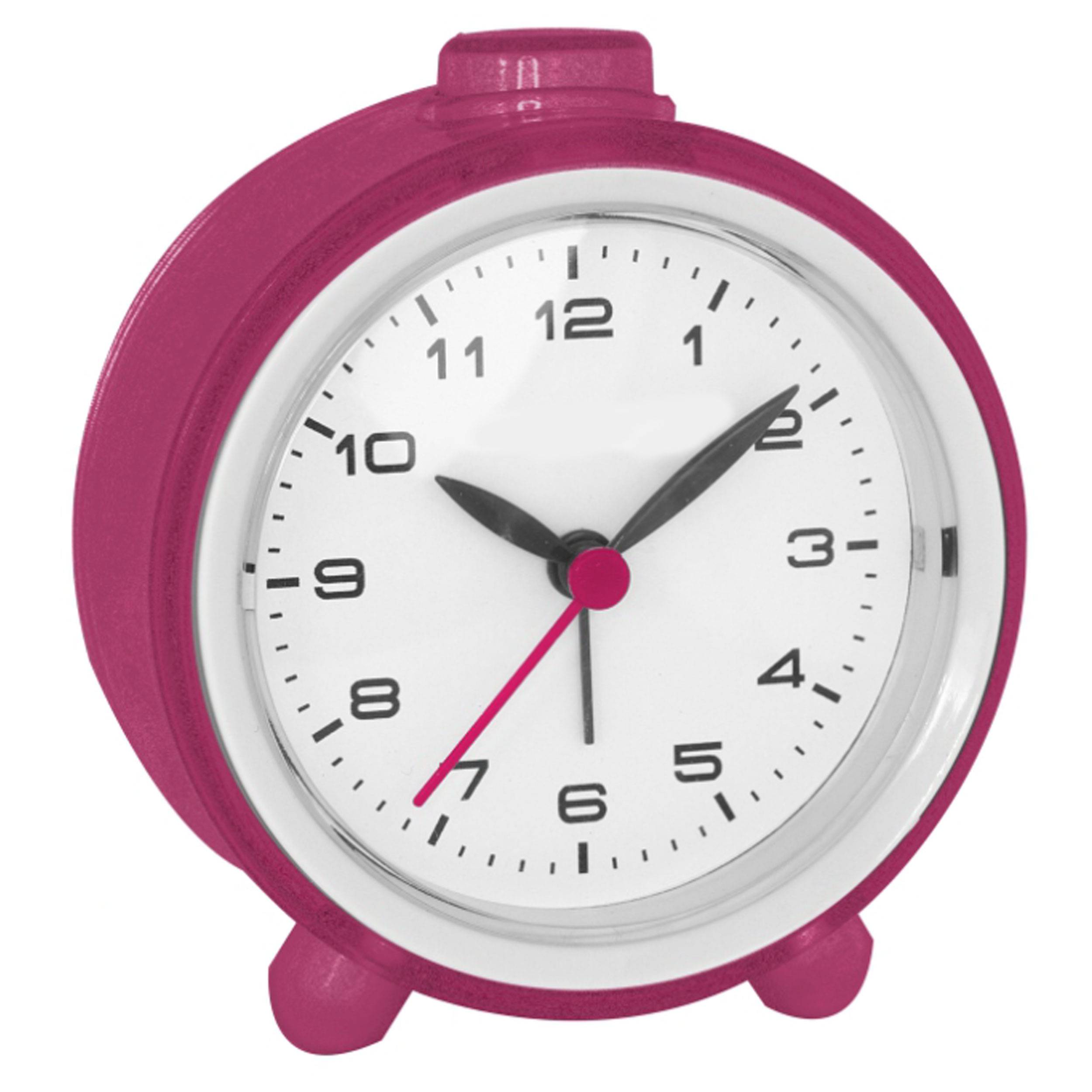 Eine rosa analoge Weckuhr, die die Zeit als 10:10 anzeigt, mit fetten schwarzen Ziffern und Zeigern sowie einem rosa Sekundenzeiger.