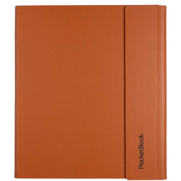 Orange PocketBook e-Reader geschlossen gezeigt, mit dem Markennamen auf der rechten Kante gedruckt.