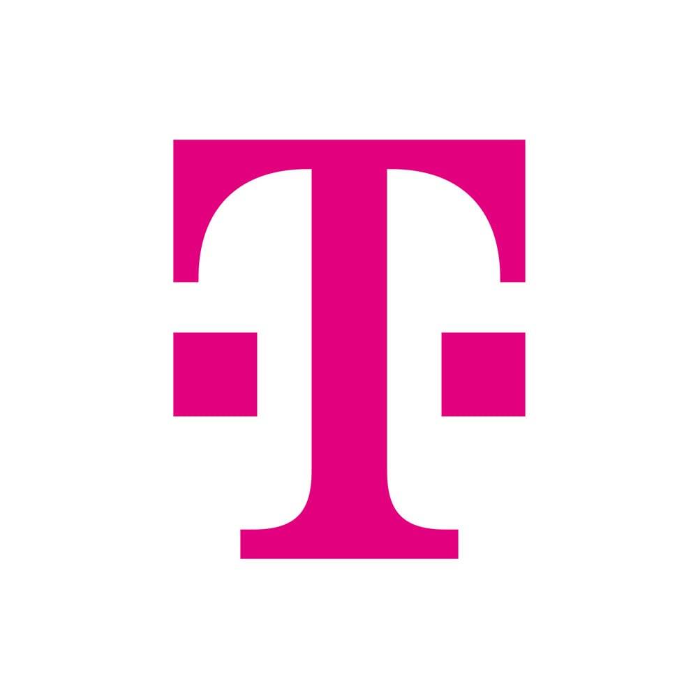 Ein rosa großes Buchstabe-'T'-Logo mit geschwungenen Enden auf weißem Hintergrund, das ein Telekommunikationsunternehmen darstellt.